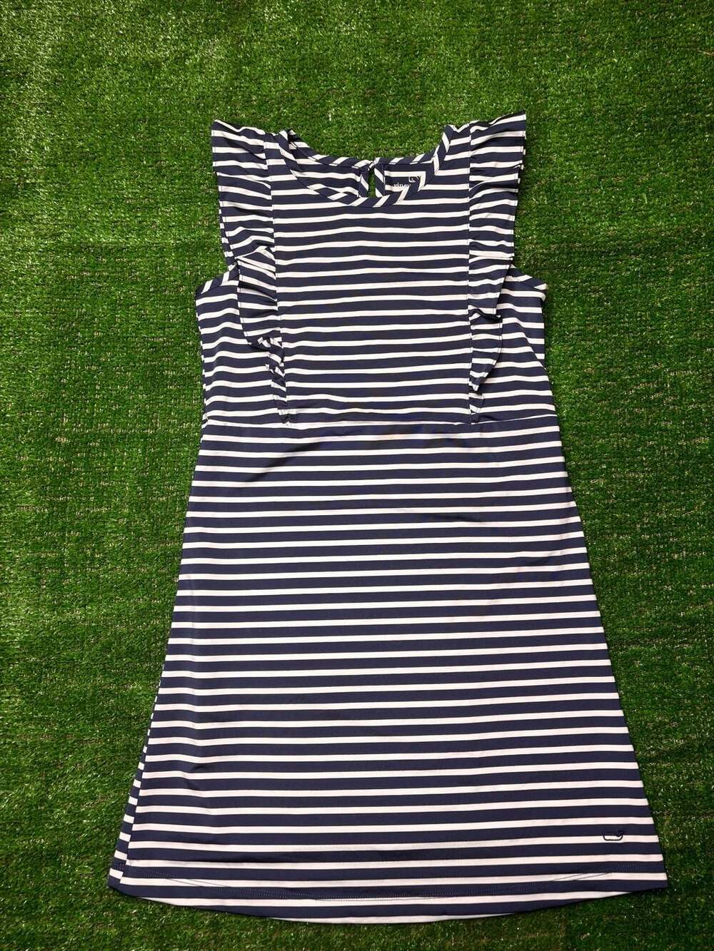 Vineyard Vines Girls Navy And White Striped Ruffle Sleeve Dress
